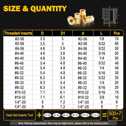 507Pcs SAE Brass Threaded Inserts with Tools for 3D Printing