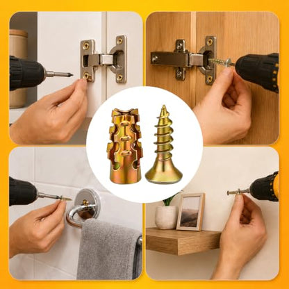 50pcs Hinge Repair Screws & 50pcs Expansion Anchors, Premium Short Expansion Screw Set for Cabinet Door Suitable for Wood Concrete Tile and More