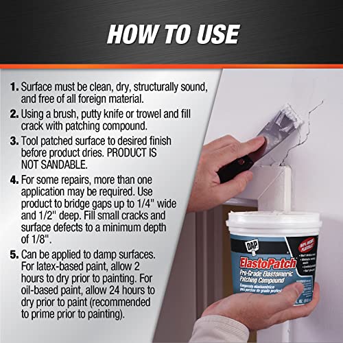 DAP ElastoPatch Smooth Flexible Patching Compound, White, 32 Oz (7079812278) - size: 32 oz