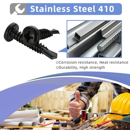 Mellewell #8 x 1/2" Pan Head Self Drilling Screws, Self Tapping Sheet Metal Screws, Black Finish 410 Stainless Steel, 100 PCS - color: Black, size: #8 x 1/2"