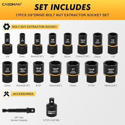 CASOMAN 17-Piece 3/8" Drive Bolt Impact Extraction Socket Set, Stripped for Damaged Rusted Frozen Studs Rounded Bolts, Nuts & Screws, CR-MO - size: 17-Piece