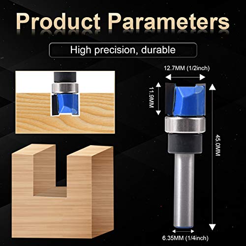 KATUR Top Bearing Flush Trim Pattern Router Bit, Hinge Mortising, Template Router Bit Set, 1/4 Inch Shank with Alloy Blade Carbon Steel (1/4" Shank,1/2" Tooth Width,11.9mm Tooth Depth) - size: 1/4" shank,1/2" width,11.9mm depth