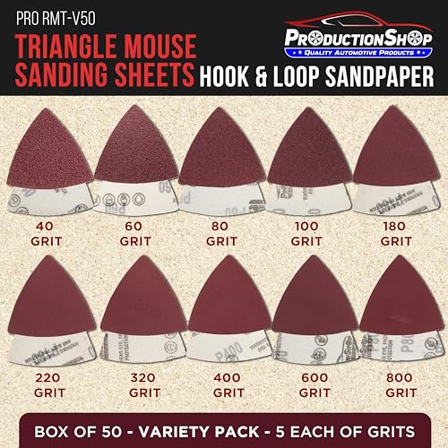 ProductionShop Premium Triangle Mouse Detail Sander Sandpaper Sheets, 50 Disc Variety Pack, Grits 40, 80, 100, 120, 180, 220, 320, 400, 600, 800 - Hook & Loop Disc Pads - Woodworking Furniture, Paint - style: Variety Pack 50