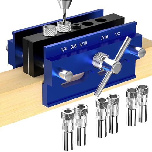Self Centering Doweling Jig Kit, Adjustable Width Wood Drill Guide Jig Block for Straight Holes with 6 Bushing, Dowel Jigs for Woodworking Precision Biscuit Joiner Tool