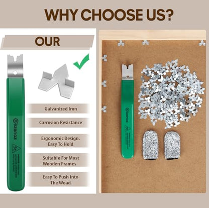 Glazier Point Driver Tool with 200 Glazing Points & 2 Finger Cots - for Framing Glass, Pictures, Cross Stitch - Rust-Resistant Iron/Zinc Push Points, Easy-Grip Handle - color: Green
