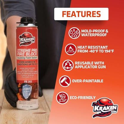 Kraken Bond Xtreme Pro Fire Block Expanding Foam Sealant (12x24oz), Professional Polyurethane Insulating Foam with Fire Block Technology, High Heat Resistant and Waterproof, Gun Included – 12 Pack - size: 12 Pack