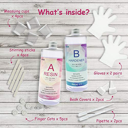 Epoxy Resin Kit, Crystal Clear, Self-Leveling, Easy 1:1 Mix (17oz) - size: 17 oz