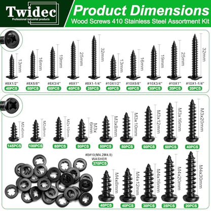 Twidec/1510PCS Black Wood Screws M2 M3 M4#8#10 Truss Head＆Pan Head Screws - size: 1510PCS