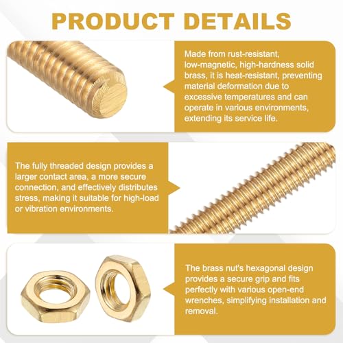 uxcell 2 Sets Brass Fully Threaded Rod, M2.5x0.45mm Pitch Right Hand Threads Studs with Solid Brass Hex Nuts, 250mm/10 Long Threaded Screw Rods Fasteners for Anchors Bolts Hangers Clamps - size: M2.5x0.45mmx250mm