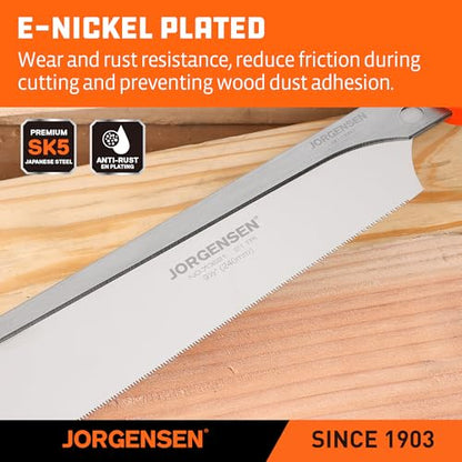 JORGENSEN Japanese Pull Saw, 9.5 Inch Pro Dovetail Saw with Rubber Handle, SK5 Steel Handsaw with Tool-less Quick Change Blade, 21TPI Fine Cross Cut Rip Cut Angle Cut Woodworking Tools