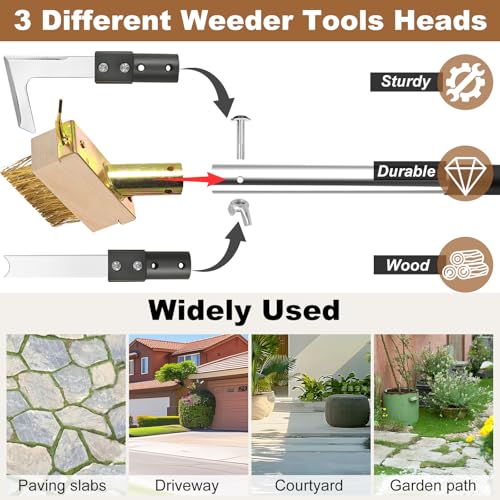 Crack Weeder Tool Long 63", Moss Remove Brush with 2 Brush and 2 Scraper