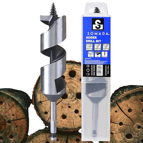 SOMADA 1-1/2" x 8" Auger Drill Bit for Wood, Ship Auger Hex Shank - size: 1-1/2"x8" Silver
