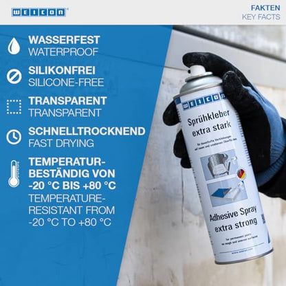 WEICON Adhesive Spray Extra Strong 500 ml | Transparent | Adhesive Spray for Felt, Foam, Leather, Carpets, Rubber, Wood | Craft Material Adhesive | Multipurpose | Strong Spray Glue | Industrial Grade