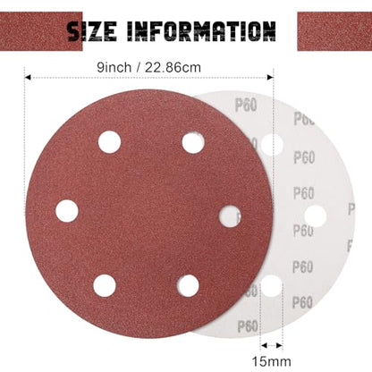 9 Inch 6 Hole Drywall Sanding Disc, 60 Grit 15 PCS Hook and Loop Sandpaper