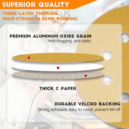 5-Inch 8-Hole Hook and Loop Gold Sanding Discs, Pack of 50 Sandpaper, 150-Grit