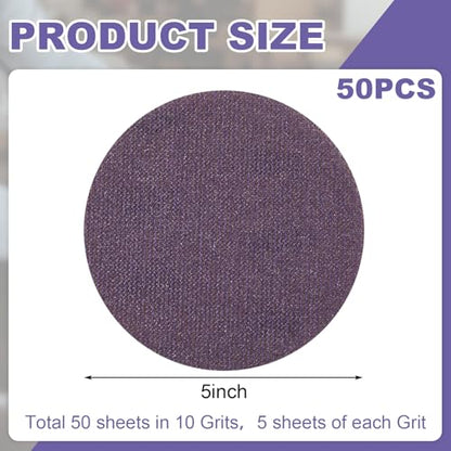 50 Pcs 5 Inch Purple Ceramic Mesh Sanding Discs, Hook and Loop Anti-Clog Net Sandpaper for Random Orbital Sander, Dustless Sanding Pads for Wood, Paint, Metal, Drywall, 80-800 Grit