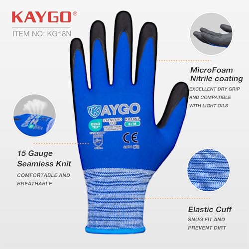 KAYGO Safety Work Gloves, MicroFoam Nitrile Coated, Men Women,KG18N - color: Blue, size: Medium
