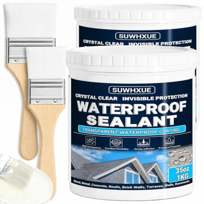 Clear Waterproof Sealant, SUWHXUE 70oz/2KG Water-Based Transparent Waterproof Leak Repair Coating, Invisible Flexible Sealant for Concrete Walls Wood Metal Roof Water Sealer Indoor & Outdoor - size: 70 Oz