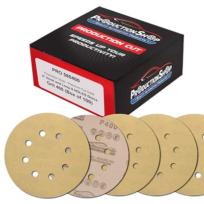 ProductionShop Premium 400 Grit 5" Gold Sanding Discs, 8-Hole Pattern, Box of 100 - Dustless Hook & Loop Backing Sandpaper for DA & Random Orbital Sanders, Sand Auto Paint, Wood Woodworking Furniture - style: 400 Grit