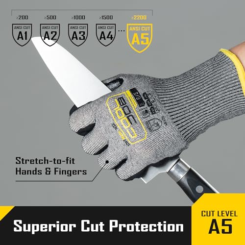 COOLJOB ANSI A5 Cut Resistant Gloves - 1/3/12 Pairs, Nitrile Rubber Dipped Safety Work Gloves for Men, Knife Proof with Grip Coating for Construction Warehouse Glass Wood Work, Grey Medium - size: Medium, style: A5 Pack of 1