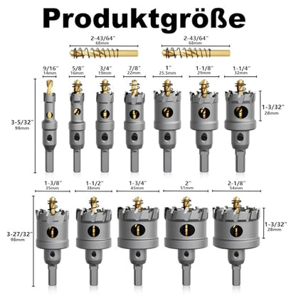 GSTK Upgrade Heavy Duty Carbide Hole Saw 14 Pcs,Metal Steel Hole Saw Drill Bit,TCT Hole Cutter,Alloy Hardness Upgrade, with 2*Extra Titanium Plated Pilot Center Drill and 2*L-Wrench