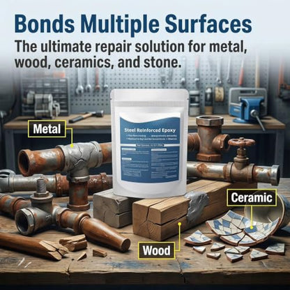 Steel Reinforced Epoxy Putty, Waterproof & Heat Resistant Two-Part AB Epoxy Clay, Heavy Duty Fast Curing Metal Repair Kit, Multi-Purpose Filler for Plastic, Wood, Ceramics, Tiles - 1 Pack