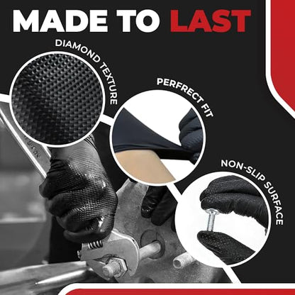 Industrial Nitrile Gloves – Heavy Duty Latex & Powder Free Disposable Gloves with Diamond Texture - color: Black, size: X-Large (Pack of 100)