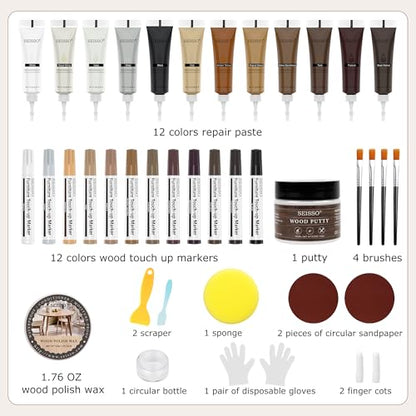SEISSO Wood Furniture Repair Kit, Touch Up Markers Wood Fillers - size: 12Wood Fillters+12Markers+Wood Putty+Polish Wax