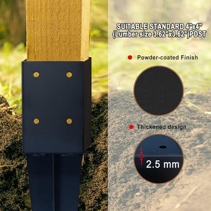 4x4 Inch Fence Post Anchor,Internal 3.6"x3.6" Fit - Black Powder-Coated Metal Post Base for Wood Deck, Fence, Porch, Railing, Mailbox (Heavy Duty & Rust Resistant)