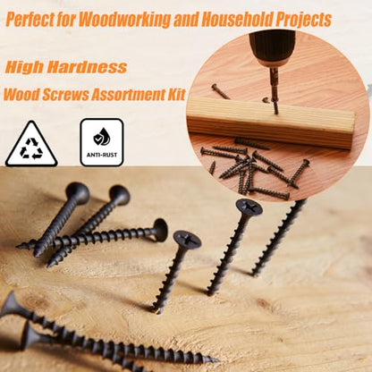 175PCS #8 Drywall Screws, Assorted Wood Screws, Black Wood Screws, Wood Screws Assortment Kit, Flat Head Screws, Screw Assortment, 6 Sizes, (2'', 1-1/2'', 1-1/4'', 1'', 3/4'', 5/8'') - size: #8 175PCS