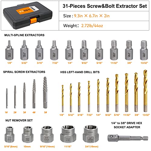 Screw Extractor Set, 37# Cr-Mo & 6542 HSS Steel Cobalt Left-Hand Drill Bit, Easy Out Broken Bolt Remover Reverse, Ez Out Stripped, Rounded-Off, Damaged Bolts, Screws&Studs Removal Tool (31-Pieces)