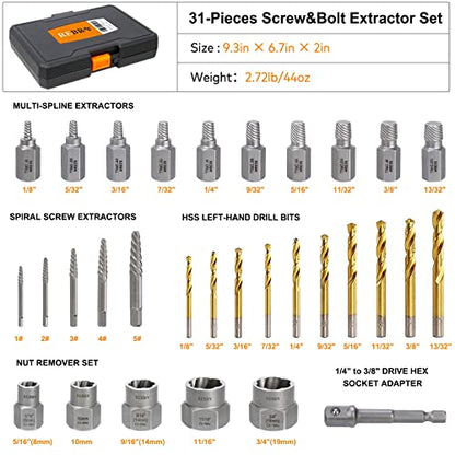 Screw Extractor Set, 37# Cr-Mo & 6542 HSS Steel Cobalt Left-Hand Drill Bit, Easy Out Broken Bolt Remover Reverse, Ez Out Stripped, Rounded-Off, Damaged Bolts, Screws&Studs Removal Tool (31-Pieces)