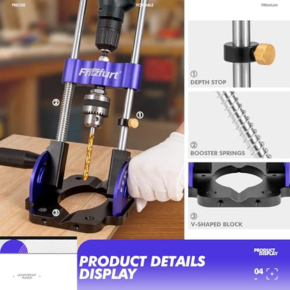 Heavy-Duty Portable Drill Guide, 0°–60° Adjustable Drill Press Adapter, Self-Centering Drilling Jig for Straight & Angled Holes, 1/4" Hex Shank, Fits 3/64"–25/64" (1–10mm) Bits