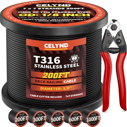 Black Stainless Steel Cable for Railing - 200FT 1/8" T316 Wire Rope - size: 200FT