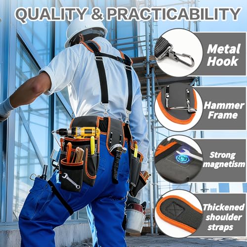 Tool Belts for Men with Magnetic Function,32''-60'' Adjustable,Detachable Tool Pouch Bag,With Suspenders & Multiple Pockets,for Electrician, Carpenter, Framer, Construction Worker
