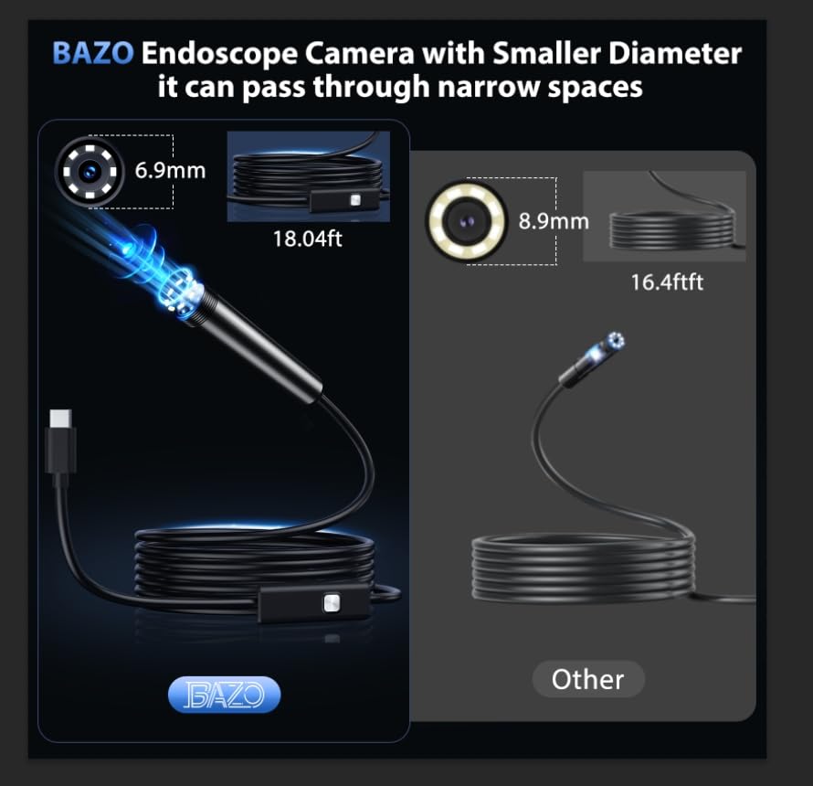 BAZO Endoscope Camera with Light –1920P HD Borescope with 8 Adjustable LEDs