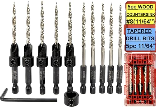 FTG USA 5 Pc #8 (11/64") Countersink Drill Bit Set with 5 Replacement Bits - size: #8