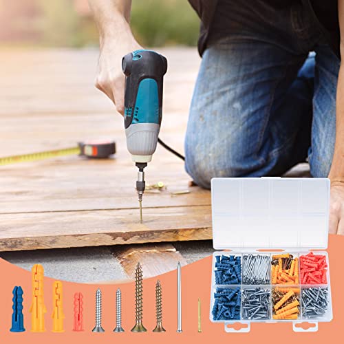 360 Pcs Wall Plugs and Screws Set, Drywall Anchors Screws and Nails Assortment Kit, Flat Head Self Tapping Screws, Plastic Expansion Plugs, Wood Screws Nails for Home DIY Repair Mounting