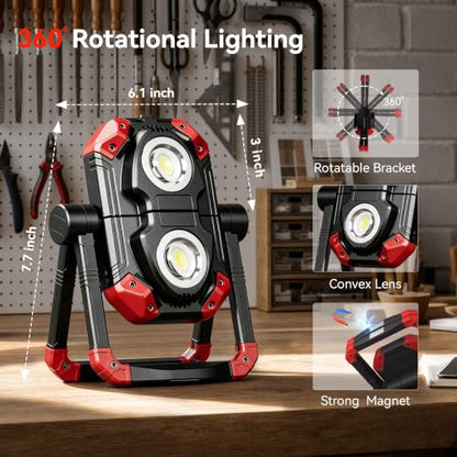 YZONI M6 2-Pack LED Work Light, 2500LM Rechargeable Magnetic COB Shop Light - color: Red