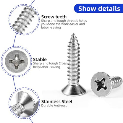 #10 x 3/4" Flat Head Sheet Metal Screws Phillips Drive Wood Screws, 304 Stainless Steel 18-8, Pack of 100 - color: Silver, size: #10 x 3/4"