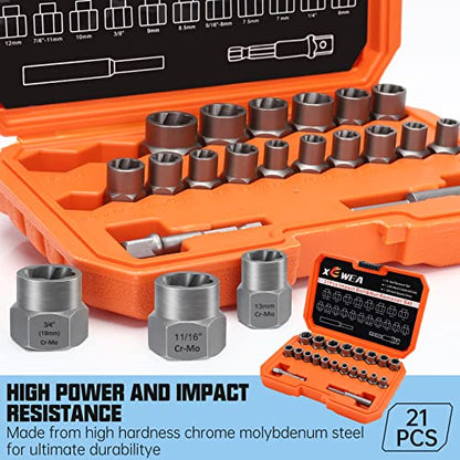 XEWEA 21PCS Bolt Nut Extractor Set, 3/8" Drive Easy Out Socket Remover - size: 21PCS