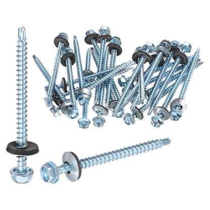 M METERXITY 25-Pack Self Drilling Screws with Rubber Washer #10 x 2-61/64" Zinc Plated Carbon Steel Hex Head Self-Tapping Screws for Metal Roofing/Siding Panels/Steel Structures [ 77mm Length] - size: M4.8 x 75mm