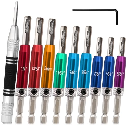 Self Centering Drill Bit Set with Center Punch, 1/4" Hex Shank - color: B. Colorful