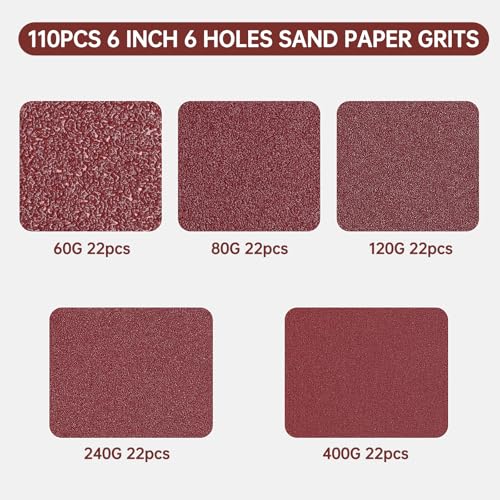 110 PCS 6 Inch 6-Hole Sanding Discs, Round Hook and Loop Sandpaper