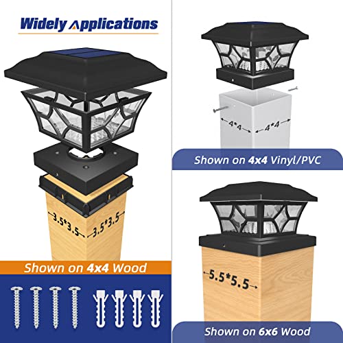 APONUO 4x4 Solar Post Cap Lights 4 Pack - 6x6 Post Cap Solar Light, 2-Mode, IP64 Waterproof, Post Lights Solar Powered for 4x4 5x5 6x6 Wood/Vinyl Posts, Black - color: Black, size: 4 Pack