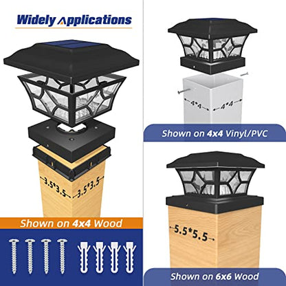 APONUO 4x4 Solar Post Cap Lights 4 Pack - 6x6 Post Cap Solar Light, 2-Mode, IP64 Waterproof, Post Lights Solar Powered for 4x4 5x5 6x6 Wood/Vinyl Posts, Black - color: Black, size: 4 Pack