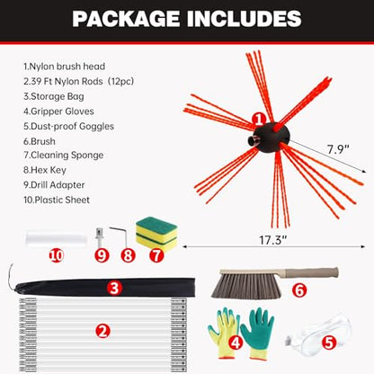 39 Feet Chimney Sweep Kit, Chrome Button Locking System, Chimney Cleaning Kit, Chimney Brush, Chimney Cleaning Tool, Chimney Cleaning System with 12 Flexible Chimney Rods - size: 39 FT