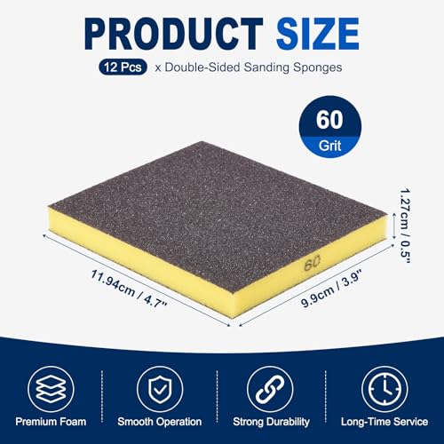 12Pcs 60Grit Double-Sided Sanding Sponges, Washable & Reusable - size: 60Grit
