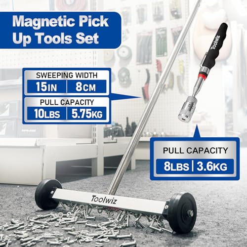 Toolwiz 15" Rolling Magnetic Sweeper with LED Telescopic Pick Up Tool - size: 15 inches + 8 LB Pick Up Tool with Light