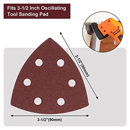 120 Pcs Triangle Sanding Pads, 80 Grits Detail Sander Sandpaper Hook and Loop Sanding Sheet,3.54"(90mm) Triangular Sandpaper for 3.5" Oscillating Multi Tool - size: 80 Grit, style: Hole